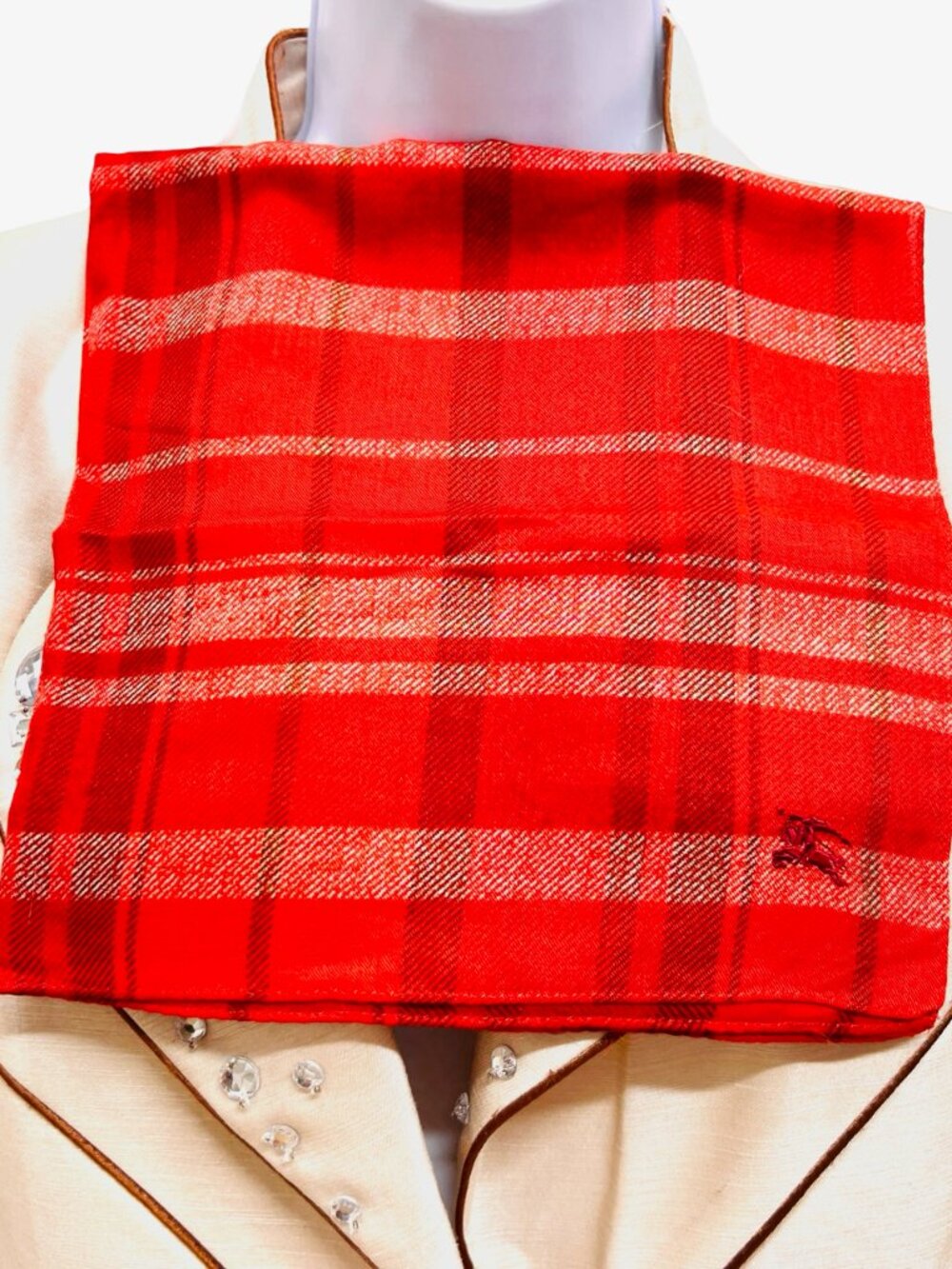 New Never worn Burberry Neck-kerchief 19.5" red black gray check embroidered(95 - Picture 10 of 12